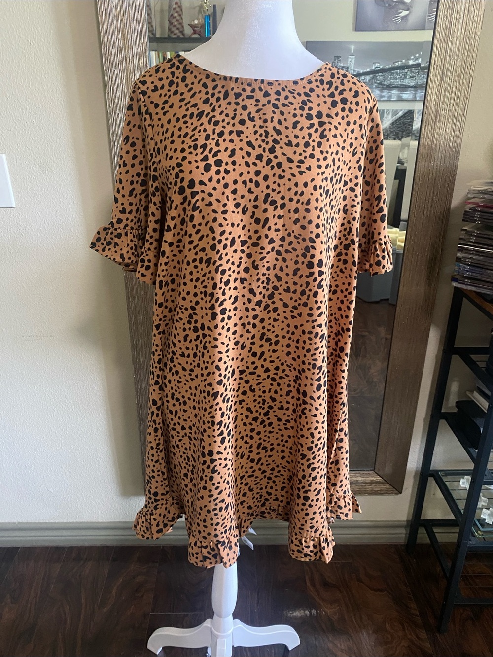 Women's Rust Animal Print Asymmetrical Ruffle Dress